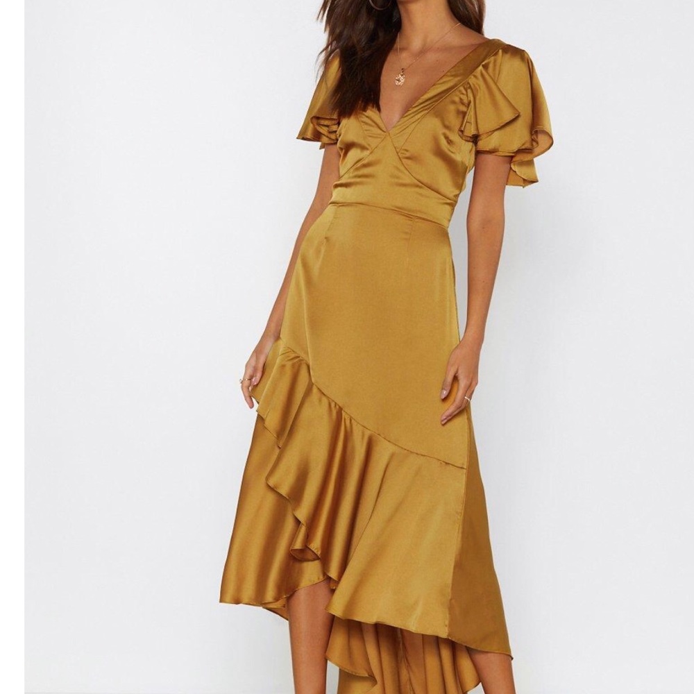 Nasty Gal Satin Ruffle Maxi Dress-Gold NWT